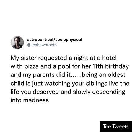 Tag your sibling(s) 👇 #memes #funnystuff #funnytweets #siblings Unhinged Older Sibling, Oldest Sibling Problems, Sibling Tweets, Siblings Tumblr, Older Sibling Problems, Sibling Relatable, Sibling Jokes, Sibling Issues, Older Sister Quotes