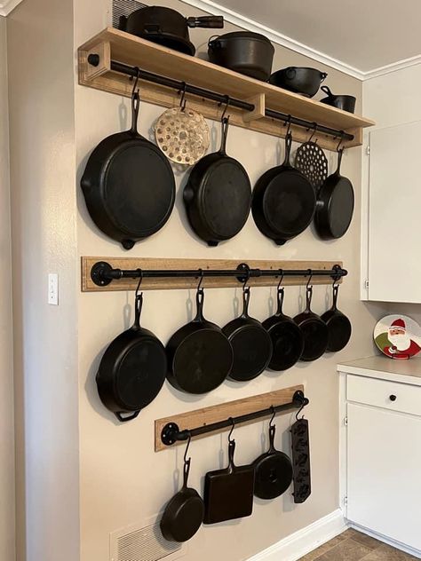 Outdoor Laundry, Kitchen Remodel Paint, Kitchen Wall Storage, Diy Kitchen Projects, Pan Storage, Hanging Pans, Pot Rack Hanging, Kitchen Storage Ideas, Iron Storage