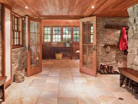 Basement Eclectic Entry, Rustic Entry, Mudroom Entryway, Mud Room Storage, Mudroom Design, Entry Way Design, Stone Walls, Laundry Mud Room, Cabin Design