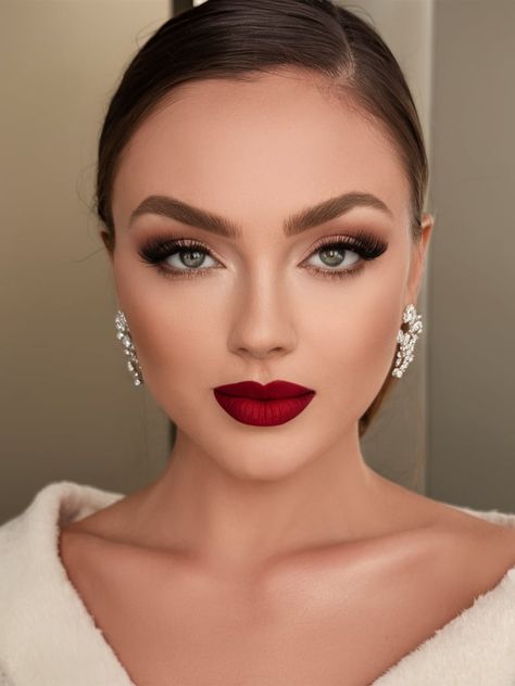 Top 29 Stunning Wedding Makeup Looks for Brides of All Skin Tones: Natural, Bold, and Classic Ideas Christmas Bride Makeup, Wedding Makeup With Red Lipstick, Burgundy Wedding Makeup For Bride, Unique Bridal Makeup, Glam Makeup With Red Lips, Engagement Photo Makeup Brown Eyes, Bridal Makeup With Red Lips, Makeup Looks With Red Lips, Red Dress Makeup Look