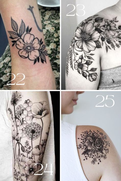 Vintage Flower Tattoo Ideas for Old Souls - TattooGlee Cottagecore Floral Tattoo, Vintage Floral Tattoos Black And White, Vintage Flower Tattoo Black And White, Floral Arm Tattoo Sleeve Vintage Flowers, Flower Garden Tattoo Ideas, Black And White Flower Tattoo Sleeve, Antique Flower Tattoo, Self Healing Tattoo Ideas Forearm, Best Flower Tattoos For Women