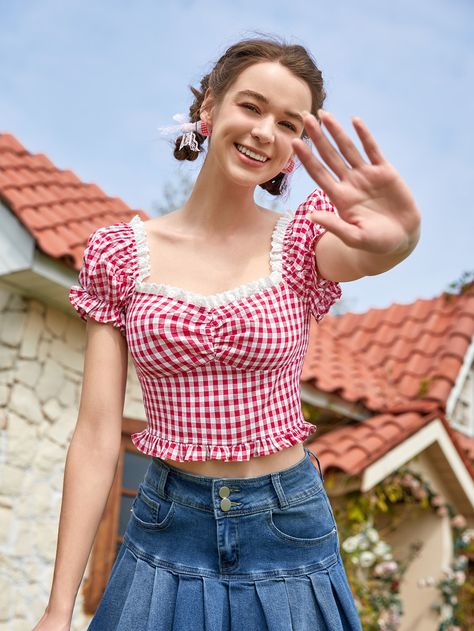 Red and White Boho Collar Short Sleeve Woven Fabric Gingham Top Embellished Non-Stretch Summer Women Tops, Blouses & Tee Red Gingham Top, Red And White Shirt, Gingham Top, Gingham Tops, Red Gingham, Gingham Print, Red Top, Women Tops, Shirt Pattern