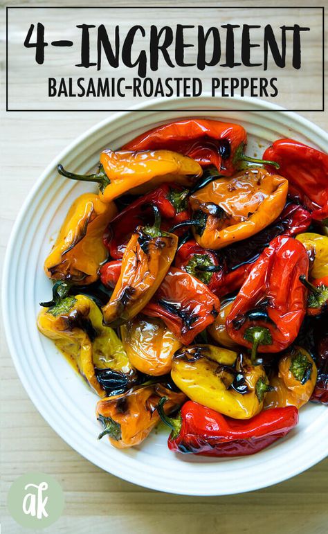 Meet your new favorite party trick: 4-ingredient balsamic-roasted mini peppers. They roast at high heat and emerge blistered at the edges, tasting sweet but with the right amount of bite thanks to the balsamic. What I love about them is that because they are small, there's no peeling or seeding: just dress, roast, and serve. #peppers #simple #roasted #balsamic #summer #appetizer #sidedish Peppers Recipes Side Dish, Pepper Side Dish, Recipes With Peppers, Roasted Pepper Recipes, Mini Peppers Recipes, Sweet Pepper Recipes, Tartiflette Recipe, Mini Peppers, Pepper Recipes