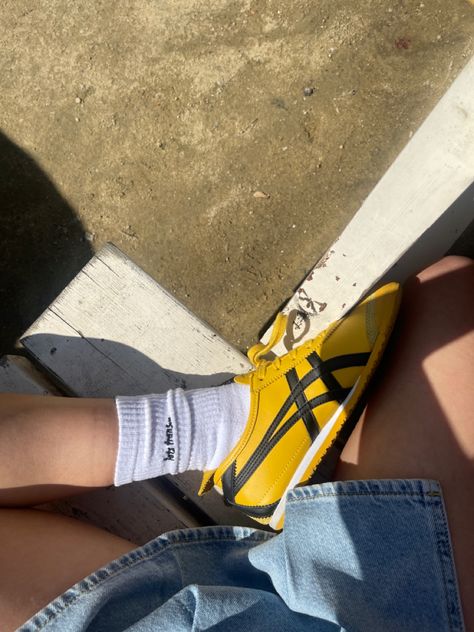 Asics, onitsuka tiger, sneakers, summer shoes, summer, yellow shoes, pop of color, statement piece, jean skirt, skort, denim, ootd, outfit, inspo, urban outfitters. Sneakers Onitsuka Tiger, Okinawa Tiger Shoes, Asics Tiger Outfit, Asics Yellow Shoes, Yellow Asics Outfit, Yellow Tiger Shoes, Onitsuka Tiger Mexico 66 Yellow Outfit, Asics Onitsuka Tiger Outfit, Yellow Onitsuka Tiger Outfit