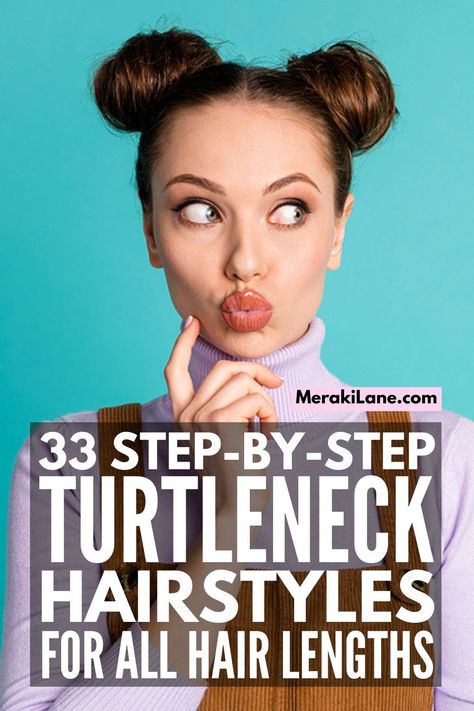 33 Turtleneck Hairstyles for All Hair Lengths | While you may not be a fan of cold weather, it does bring joy in the form of cozy sweaters, fashionable boots, and pumpkin spice everything. Whether you have short hair, medium length hair, or long hair, prefer to style your locks straight, wavy, or curly, this collection of step by step hair tutorials includes the best hairstyles with a turtleneck that are the perfect combination of casual, classy, and chic! Hairstyles When Wearing A Turtleneck, Turtle Neck Dress Hairstyle, Turtleneck Hairstyle Long Hair, How To Style Hair With Turtleneck, Hair Styles For Turtle Neck Top, Cute Casual Hairstyles For Medium Hair, Hairstyles With Turtlenecks, Hairstyles For Turtlenecks, Turtleneck Hairstyle