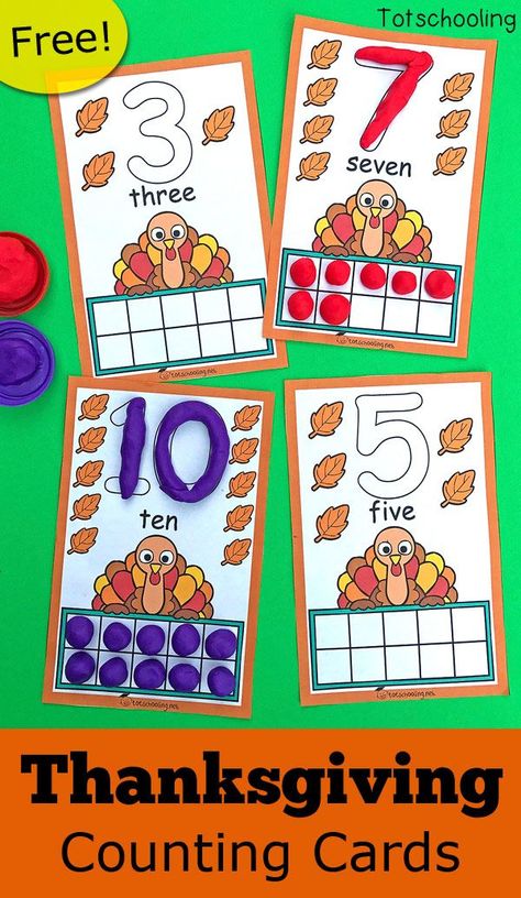 FREE printable Turkey themed counting cards to go with playdough, perfect for a Thanksgiving activity in preschool! Get preschoolers to practice counting, ten frames and number recognition with this fun playdough activity! Thanksgiving Literacy Activities, Playdough Activity, Thanksgiving Literacy, Thanksgiving Centers, Thanksgiving Activities Preschool, Toddler Math, Thanksgiving Games For Kids, Thanksgiving Kindergarten, Thanksgiving Crafts Preschool