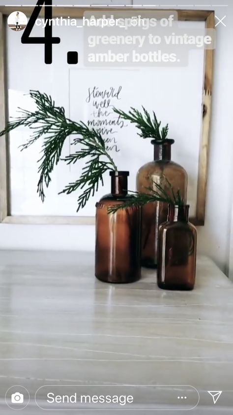 Amber Vase Christmas Decor, Apartment Christmas, Magnet Fishing, Brown Vase, Christmas Apartment, Neutral Christmas, Brown Bottles, Amber Bottles, Wedding Fall