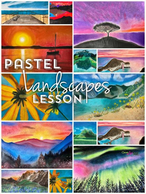 Landscape Compositions Pastel Lesson - Create Art with ME Chalk Pastel Art Projects Middle School, Chalk Pastel Art Lesson High School, Chalk Pastel Landscape Easy, Chalk Pastel Art Ideas Landscapes, Chalk Pastels Art, Chalk Pastel Art Ideas Easy, Chalk Pastel Landscape, Easy Oil Pastel Art For Beginners, Highschool Art Project Ideas