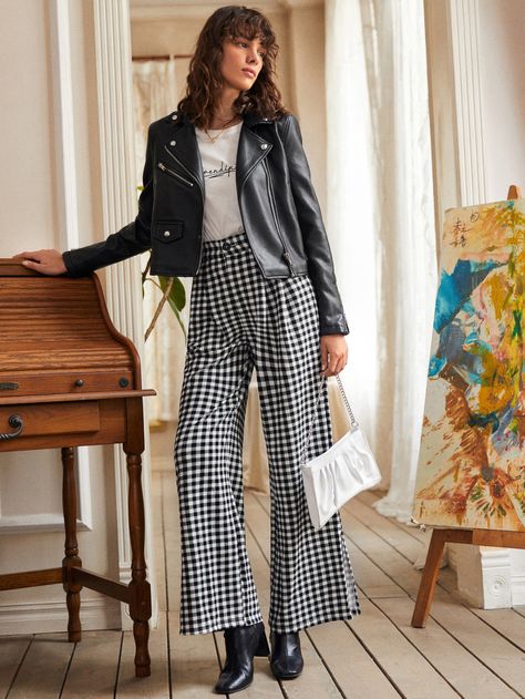 Black and White Elegant   Polyester Gingham Flare Leg Embellished Slight Stretch Spring/Summer/Fall Women Bottoms Wide Leg Checkered Pants Outfit, Gingham Pants Outfit Fall, Black Gingham Pants Outfit, Black And White Gingham Pants Outfit, Gingham Trousers For Fall, Gingham Pants Outfit Street Style, Gingham Trousers Outfits, Trendy Wide Leg Gingham Pants, Fall Gingham Trousers