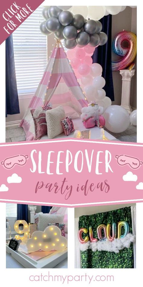 You'll be on cloud 9 when you set eyes on this fantastic sleepover! The teepees are wonderful! See more party ideas and share yours at CatchMyParty.com Cloud 9 Slumber Party, Cloud 9 Birthday Party Sleepover, Cloud 9 Birthday Party Ideas Sleepover, Cloud 9 Birthday Party Activities, On Cloud 9 Party Theme, Cloud 9 Sleepover Party, Cloud 9 Birthday Party Ideas Girl, Cloud 9 Birthday Party Ideas Food, On Cloud 9 Birthday Party