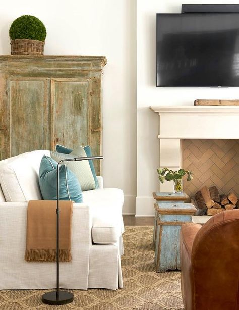 French Modern Interior, Hello Thursday, Skirted Sofa, Cast Stone Fireplace, French Living Rooms, French Modern, Coastal Living Rooms, Geometric Decor, Transitional Living Rooms