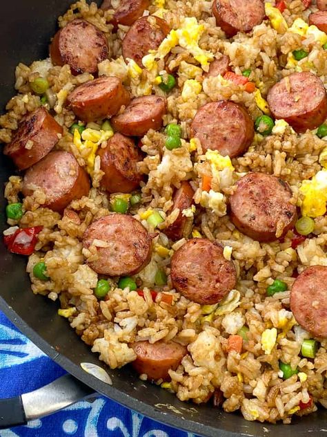 Close up view of Andouille sausage in rice Hillshire Farm Sausage Recipes, Sausage Fried Rice, Skillet Food, Andouille Sausage Recipes, Egg And Sausage, Sausage Recipes For Dinner, Sausage Rice, Rice Side Dish Recipes, Fried Rice With Egg