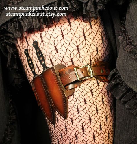 Thigh knife holster - Iris under any party dress. Thigh Knife Holster, Knife Garter, Knife Holster, Thigh Holster, Leg Garter, Steampunk Clothing, Fantasy Costumes, Leather Projects, Steampunk Fashion