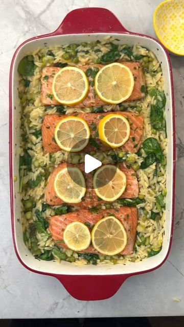 Mediterranean Diet Plan on Instagram: "🫒🥘 ONE-PAN SALMON & ORZO DINNER.

💁‍♀️ Type "Orzo" If You Want to Get More Recipes From @mediterraneandiet_delish

👋 Follow @mediterraneandiet_delish to Get Daily Mediterranean Recipes

👉 -4 salmon filets
-3 tbsp parsly chopped
-3 tbsp melted butter
-3 tbsp olive oil
-3/4 tsp salt,
-1/4 tsp pepper,
-1 tsp garlic powder
-1 lemon juiced
-1 bundle asparagus chopped
-1 cup peas
-1 lb orzo uncooked
-3.5 cups veggie broth
-1/2 cup grated Parmigiano Reggiano
-2 cups fresh spinach
-1 lemon sliced thin

-Preheat oven to 400F
-To a 4.5 qrt baking dish, add oil, butter, lemon juice, parsley, salt, pepper, garlic powder, and lemon juice. Use a fork to mix ingredients.
-Dip salmon fillet’s in marinade, coat and set aside.
-To the same dish add peas, asparagus One Pan Salmon And Orzo Dinner, Salmon Orzo Bake, One Pan Salmon And Orzo, Salmon Orzo Recipe, Asparagus Orzo, Salmon Orzo, Orzo Dinner, Pan Salmon, Salmon Filets