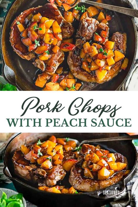 You only need one skillet and about 30 minutes for these tender and juicy pan fried pork chops with peach sauce. The peach glaze is sweet and savory, thanks to plenty of garlic, fresh herbs, brown sugar, Dijon and cider vinegar, making it the perfect topping for a simple, affordable cut of meat. Peach Chutney Recipes, Pork Chop Sauce, Peach Pork Chops, Peach Glaze, Pan Fried Pork Chops, Peach Sauce, Pineapple Salsa Recipe, Ginger Chutney, Pork Sauce