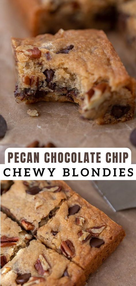 Chocolate Chip Blondies Recipe, Chewy Blondies, Cookie Brownies, Blondie Recipe, Pecan Chocolate, Chocolate Chip Blondies, Blondies Recipe, Dessert Bar Recipe, Cookie Bar