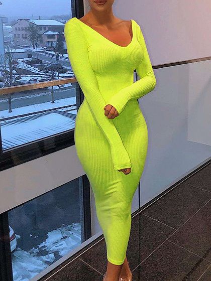 Green Ribbed V-neck Long Sleeve Maxi Dress Green Dress Sleeves, Neon Green Dress, Neon Green Dresses, Dress Sleeves, Ribbed Maxi Dress, Solid Color Sweater, Green Neon, Dress Sleeve Length, Green Dresses