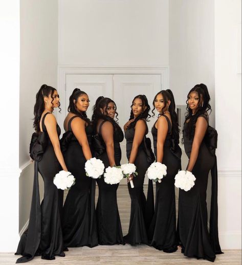 Black Sequin Bridesmaid Dress Long, Black Bride And Bridesmaid Pictures, Black Brides Mades Dresses, Black Bridesmaid Dresses Black Women, Black And White Wedding Black People, Black Bridesmaids Dresses Mismatched, Bridesmaids Black Women, Wedding Bridesmaid Dresses Black, All Black Wedding Party Attire