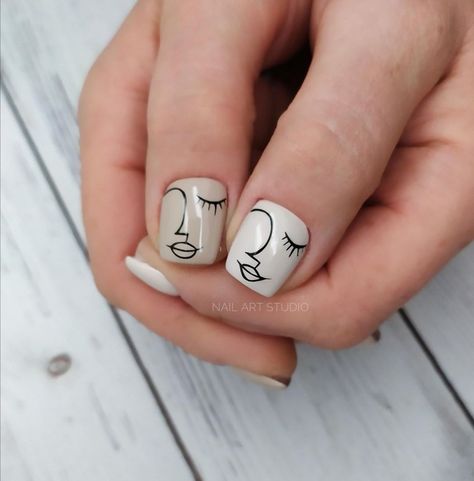 Nail With Face Design, Line Drawing Nail Art, Nails With Faces Design, Nails With Faces, Picasso Nails, Face Nails, Heart Nail Designs, Minimalist Nail Art, Matte Nails Design