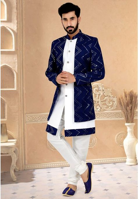 Navy Blue and White Designer Indo Western Outfit Men’s Indo Western Wear, Indowestern Outfits For Men Engagement, Western Dress For Men, Indo Western Outfits For Men, Blue And White Jacket, Indo Western Outfit, Indo Western Dress For Men, Brand Equity, Faisal Khan