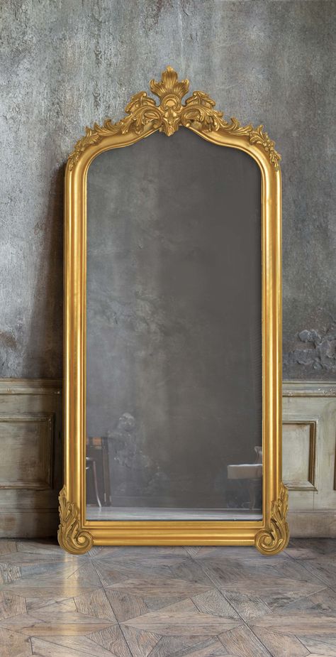 Large Gold Standing Mirror, Large Gold Floor Mirror, Big Golden Mirror, Nice Mirrors, Gold Details Interior, Gold Mirror Living Room, Floor Mirror Gold, Cermin Aesthetic, Gold Floor Mirror