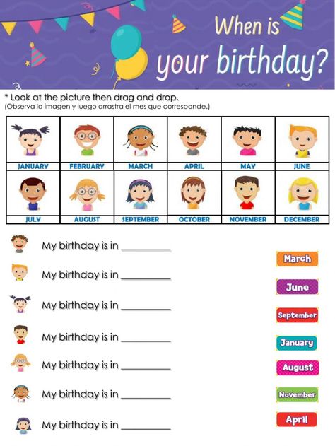 Ejercicio interactivo de Months of the year para primaria. Puedes hacer los ejercicios online o descargar la ficha como pdf. Esl Months Of The Year, Months In English, When Is Your Birthday, Teaching Vowels, Worksheets For Grade 1, English Activities For Kids, Word Of The Year, Learning English For Kids, Birthday Activities