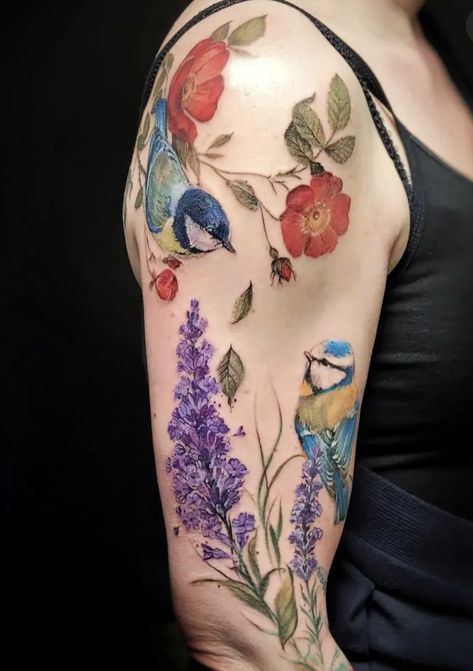 Wildflowers And Birds Tattoo, Garden Bird Tattoo, Flower Bird Tattoo, Gentle Tattoo, Nan Tattoo, Mummy Tattoo, Realistic Bird Tattoo, Watercolor Tattoo Sleeve, Hummingbird Tattoos