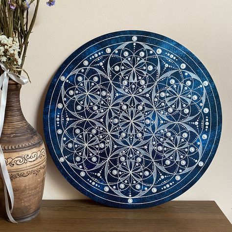 Round Sacred geometry mandala• Flower of Life art • Seed of Life decoration • White blue dot art painting • Acrylic canvas wall hanging Flower Of Life Dot Mandala, Seed Of Life Mandala, Flower Of Life Art, Sacred Geometry Art Mandalas, Geometry Painting, Mandala Sacred Geometry, Geometry Mandala, Sacred Geometry Mandala, Mandala Canvas