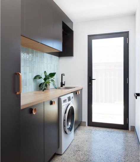 Scandinavian Laundry Room, Coin Machine, Laundry Reno, Green Tile Backsplash, Narrow Laundry, Contemporary Laundry Room, Modern Laundry Room, Modern Laundry, Laundry Room Doors