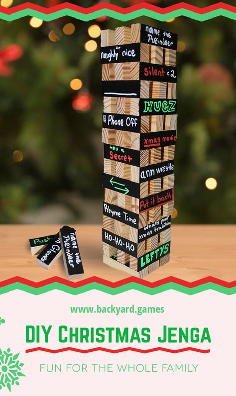 Add 54 Christmas Themed actions to the game of Jenga to add a Christmas twist to this favorite classic game.  Super fun and it's quick to play with an approx 10-15 minute play time.  #jenga #diygames #christmas #christmasgames #holidays Christmas Jenga, Jenga Ideas, Christmas Drinking Games, Easy Homemade Christmas Gifts, Games Outdoor, Xmas Games, Fun Christmas Party Games, Fun Christmas Games, Christmas Games For Family