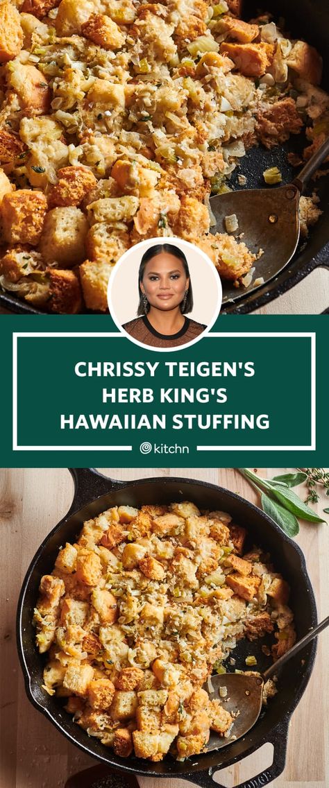 I Tried Chrissy Teigen's Hawaiian Roll Stuffing Recipe | Kitchn Kings Hawaiian Stuffing, Hawaiian Stuffing, Dinner In Hawaii, Recipes With Hawaiian Rolls, Crockpot Stuffing, Homemade Stuffing Recipes, Classic Stuffing, Best Stuffing Recipe, Hawaiian Sweet Breads