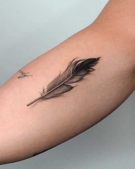 27 Breathtaking Feather Tattoos For All The Free Spirits Egyptian Feather Tattoo, Sepia Tattoos, Raven Feather Tattoo, Crow Feather Tattoo, Feather Bird Tattoo, Feather Tat, Phoenix Feather Tattoos, Feather Tattoo Ideas, No Symbol