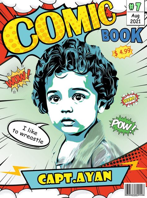 This custom comic magazine/book cover can be made with your photo which I'll change into a pop art image (comic vector modern art print). You can personalize more by requesting title change and extra words at no extra cost. Get it from my Etsy shop. Comic Style Pubmat, Comic Front Cover, Pop Culture T-shirt With Character Print For Comic-con, Comic-con Fan Convention Graphic T-shirt, Custom Comic Book, Comic Magazine, Superman Variant Cover, Pop Art Images, Modern Art Print