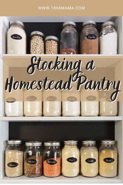 Here’s how to stock a homestead pantry in a practical way that will set you up for success in everyday life, a natural disaster, and in emergency (think 2020) situations. Having pantry staples on hand is a great way to keep from having to run to the local grocery store on a regular basis. A little planning gives you the best chance to making sure you have the food items on your pantry shelves for a stocked homestead pantry. Pantry Staples From Scratch, Homesteading Pantry Staples, Homemade Pantry Items, Pantry Stock Up, Dry Foods To Stock Up On, Bulk Storage Pantry, How To Stockpile Food, Homestead Food Storage, Staple Pantry Items