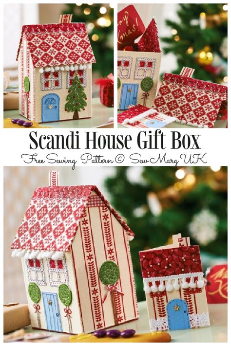 DIY Fabric Christmas House Gift Box Free Sewing Patterns Fabric Houses Pattern, House Sewing Projects, Diy Christmas Storage, Quilted Houses, Fabric Art Diy, Sewing Kit Pattern, House Gift Box, Fiber Crafts, Fabric Sewing Patterns