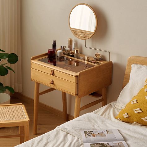 Bayou Breeze Janyce Vanity | Wayfair Bed Side Desk, Narrow Dressing Table, Small Vanity Ideas, Bamboo Vanity, Apartment Nyc, Trundle Bed With Storage, 2024 Bedroom, Girl Dresser, Small Dressing Table