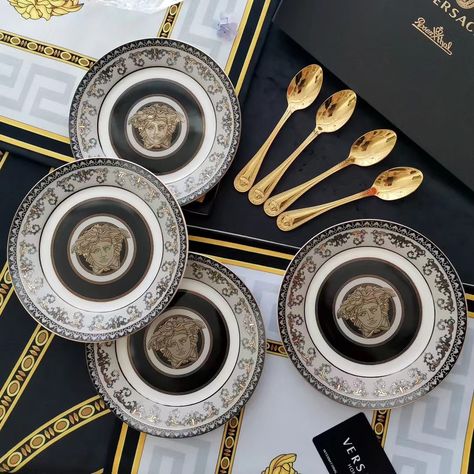 Versace Dessert Plates 6 inch 4pcs and 4 gold spoons SSYS44 Luxury Dishware Versace Plates Set 4 plates and 4 spoons Versace Plate and Spoon Set Versace Plates, Gold Spoon, 4 Plates, Dessert Plates, Plates Set, Spoon Set, Dessert Plate, Dinnerware Sets, Plate Sets