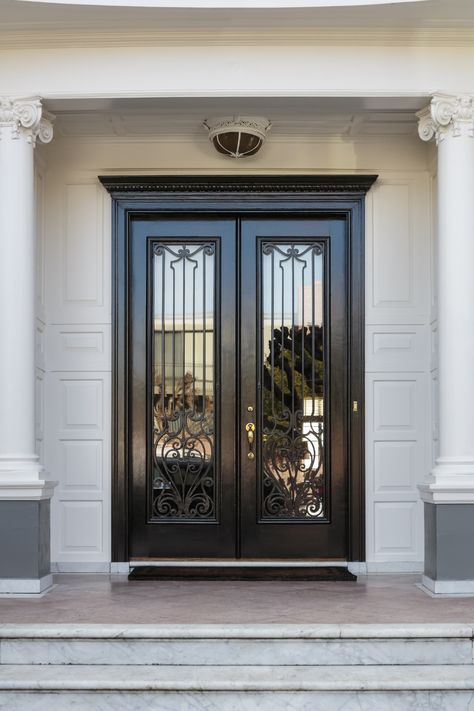 Double Front Entry Doors, Wrought Iron Front Door, Double Door Entryway, Double Door Entrance, Front Door Lighting, Flush Door Design, Iron Front Door, Entrance Gates Design, Double Front Doors