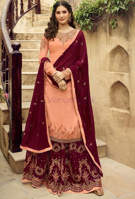 Flaunt your majestic beauty with these drop-dead gorgeous Sharara suit designs. #sharara #suits #women #bride Designer Sharara Suits, Georgette Sharara, Lehenga Suit, Indian Salwar Kameez, Georgette Tops, Palazzo Suit, Sharara Suit, Neck Deep, Pakistani Salwar Kameez