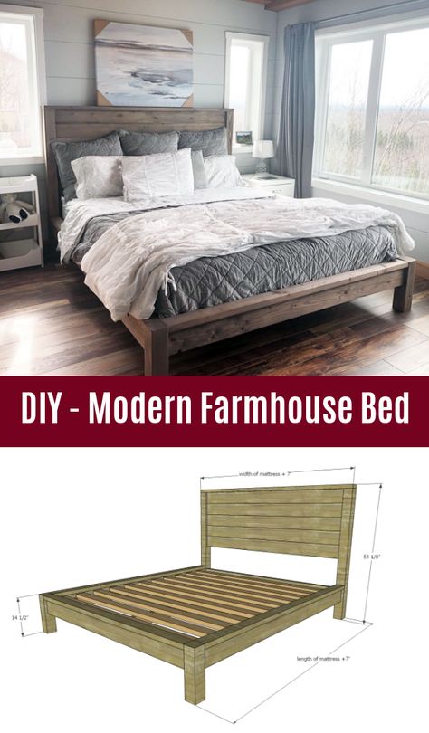 Modern Farmhouse Bed, Bedframe Diy, Diy Seng, Diy King Bed, Diy Farmhouse Bed, Modern Farmhouse Bedding, Farmhouse Bed Frame, Farmhouse Style Bedding, Farmhouse Bed