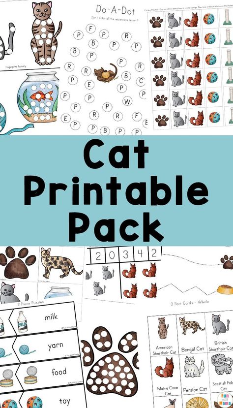 This cat printable pack is great for early learners! It's the perfect preschool worksheet printable that will have them learning and seeing plenty of cats! Pet Printables Free Preschool, Dog And Cat Preschool Activities, Preschool Pets Unit Lesson Plans, Pet Theme Preschool Activities Free Printable, Preschool Pets Unit Free Printable, Graphing Worksheets, Cat Printable, Cat Activity, Cats Musical