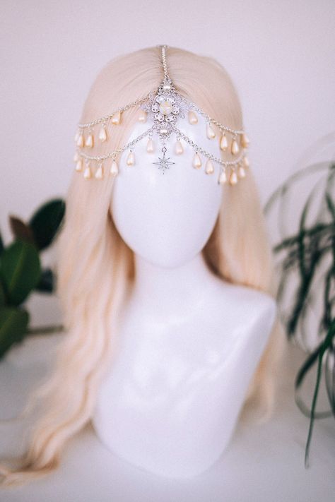 Celestial Jewellery, Chain Headband, Festival Headpiece, Pearl Crown, Wedding Crown, Bridal Headpiece, Bridal Crown, Hair Accessories, Boho - Etsy South Africa Fantasy Hair Jewelry, Aphrodite Crown, Goddess Head Piece, Fantasy Headpieces, Fantasy Crowns, Headpiece Art, Crown Hair Accessories, Fantasy Crown, Jewellery Chain