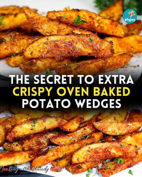 Do you want to know the secret to extra crispy oven baked potatoes? It's actually simple. Check it out here! Crispy Oven Roasted Potatoes Wedges, Crispy Wedges Oven Baked, Oven Baked Potato Wedges Seasoned, How To Make Crispy Potatoes In Oven, Oven Potato Wedges Crispy, Potato Spears Baked, Best Potato Wedges Oven Baked, Roasted Potato Wedges In Oven, Oven Potatoes Wedges