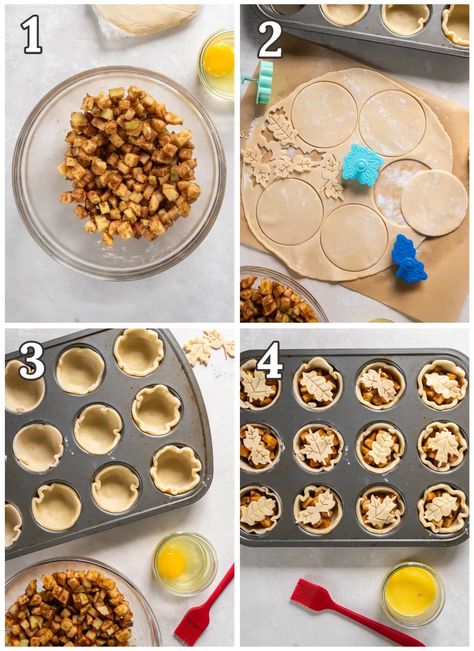 photo collage demonstrating how to make mini apple pies in a muffin tin. Cupcake Tin Apple Pies, Apple Pie In Cupcake Tins, Mini Pie Decoration, Pecan Pie In Muffin Tin, Mini Apple Pies In Muffin Tin Pillsbury, Pies In Muffin Tin, Mini Apple Pies In Muffin Tin Easy, Mini Apple Crumble Pies, Muffin Tin Pies