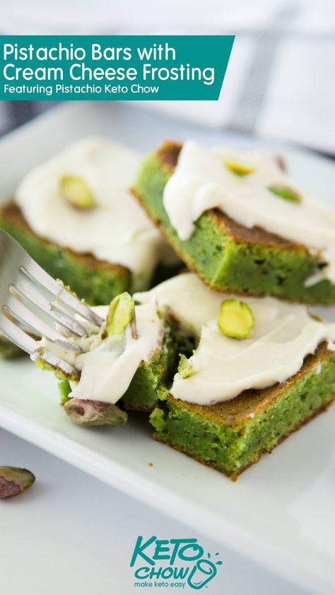 Pistachio Bars with Cream Cheese Frosting Insanely fluffy, insanely delicious. Created with Keto Chow ketochow.xyz Keto Pistachio, Pistachio Bars, Bars With Cream Cheese Frosting, Keto Chow, Bars With Cream Cheese, Chow Recipe, Keto Cakes, Pistachio Recipes, Keto Bars