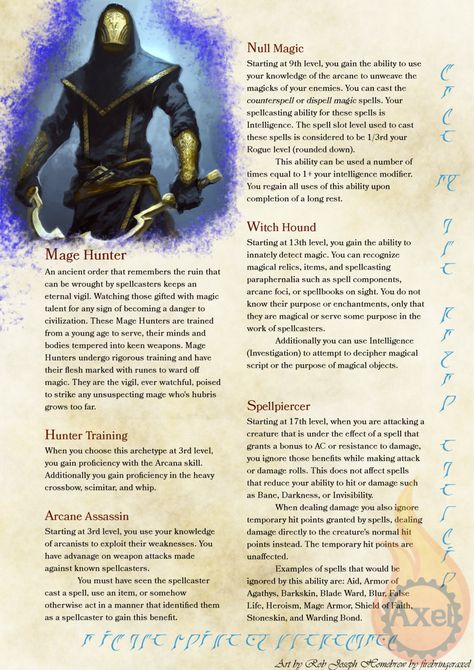 Mage Hunter Roguish Archetype. Homebrewed for Dungeons and Dragons 5th Edition.