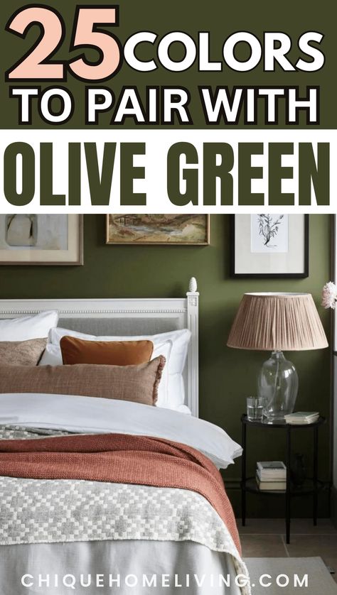 Olive green is a versatile and earthy color that can be paired with a variety of hues to create stunning color combinations. Whether you're decorating a room, choosing an outfit, or designing graphics, here are 25 best colors to pair with olive green. Olive And Emerald Green Room, Curtains For Olive Green Bedding, Olive Green And Grey Bedding, Olive Green And Coral Bedroom, Olive Colour Bedroom Ideas, Dark Olive Green Bedding, Olive Green And Silver Bedroom, Olive Green Bedding Bedroom, Olive Green Small Bedroom