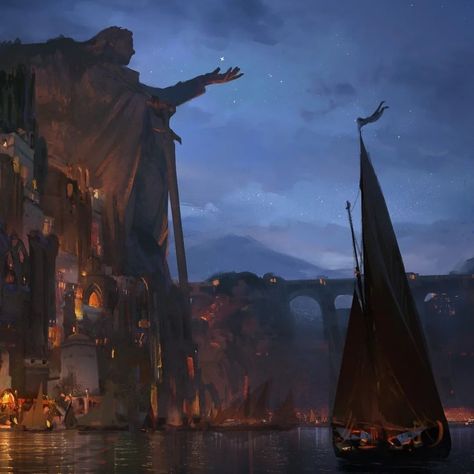 Seaside Kingdom Fantasy Art, Fantasy Seaside City, Conquest Aesthetic, Port City Fantasy Art, Port Concept Art, World Building Art, Seaside Kingdom, Island Concept Art, Pirate Cove