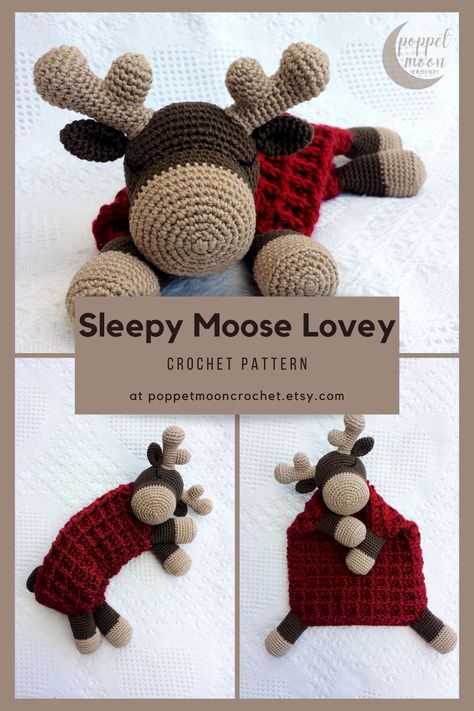 Reindeer Lovey Crochet, Crochet Moose Pattern Free Amigurumi, Crochet Moose Applique Free Pattern, Amigurumi Moose Free Pattern, Woodland Creature Crochet Patterns Free, Camping Crochet Patterns, Penguin Lovey Crochet Pattern Free, Crochet Loveys For Babies Free Pattern, Woodland Nursery Crochet