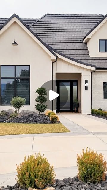 German Schmear Brick Exterior Black Windows, White Modern Exterior, Hardy Board, Windows Black, Metal Front Door, Black Roof, Exterior Home Design, Stucco Exterior, Unique Light Fixtures